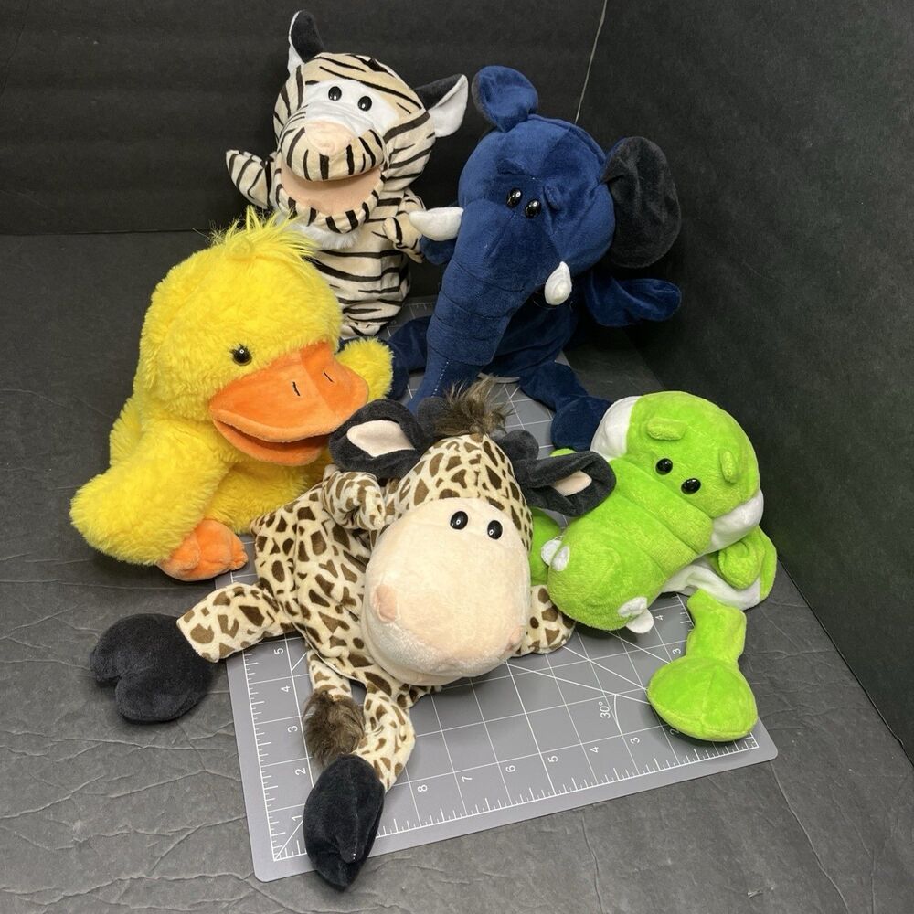 Plush Animal Hand Puppets Set of 5 - Giraffe Duck Elephant Alligator Tiger